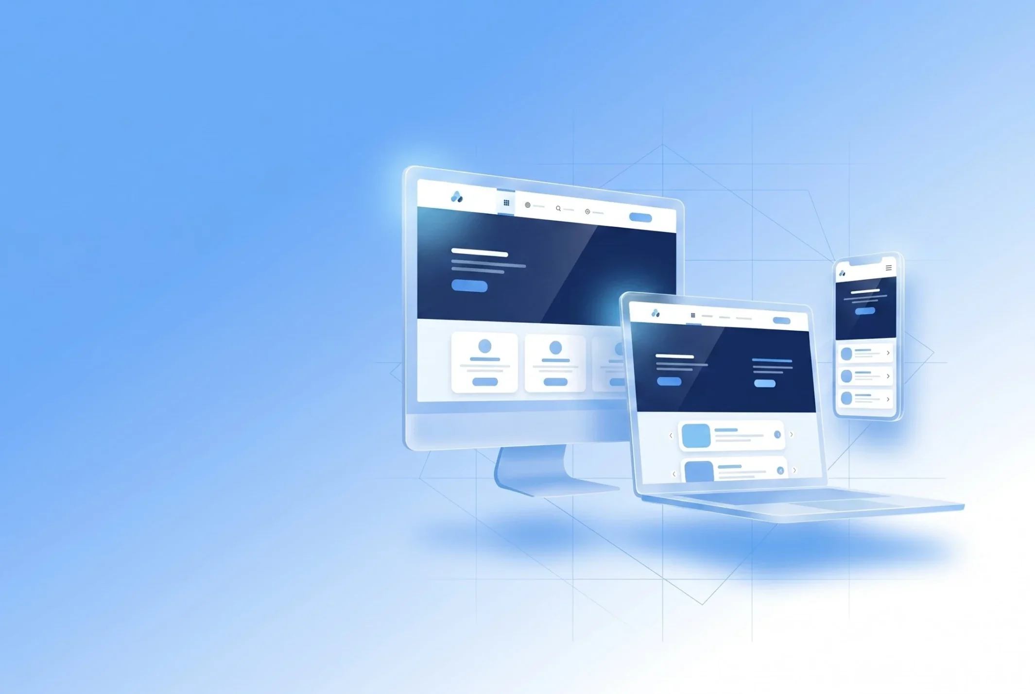 Overlapping computer, tablet, and mobile screens displaying a UI on a blue gradient background.